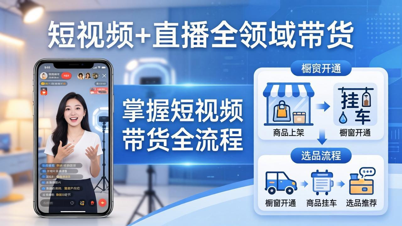 短视频+直播全领域带货：掌握橱窗开通、挂车、选品、爆款文案改编等短视频带货全流程-选优云网创