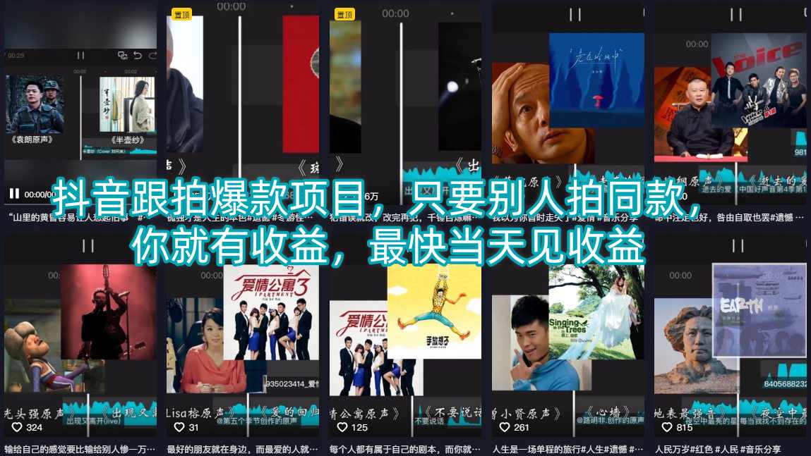抖音跟拍爆款项目，只要别人拍同款，你就有收益，最快当天见收益-选优云网创