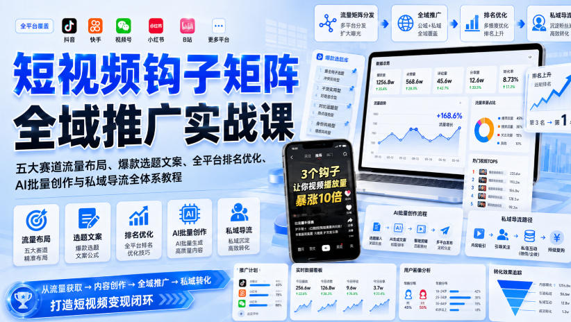 短视频钩子矩阵全域推广实战课｜五大赛道流量布局、爆款选题文案、全平台排名优化、AI批量创作与私域导流全体系教程-选优云网创