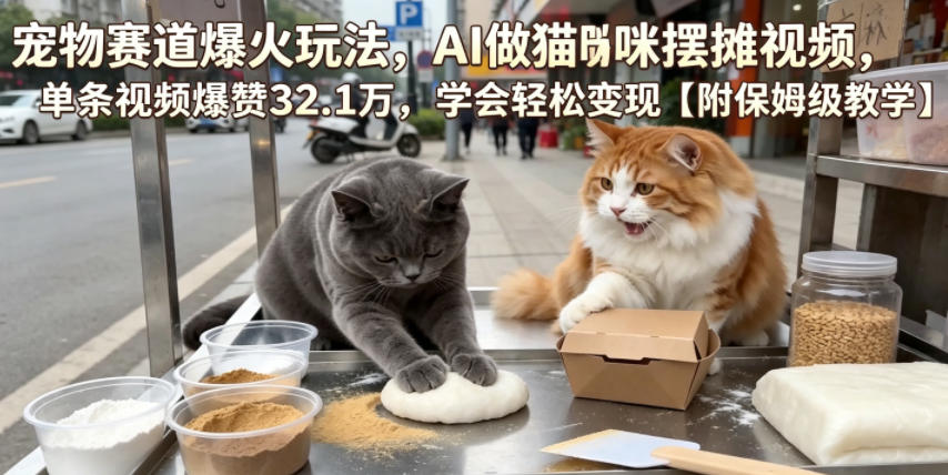 宠物赛道爆火玩法，AI做猫咪摆摊视频，单条视频爆赞32.1万，学会轻松变现【附保姆级教学】-选优云网创