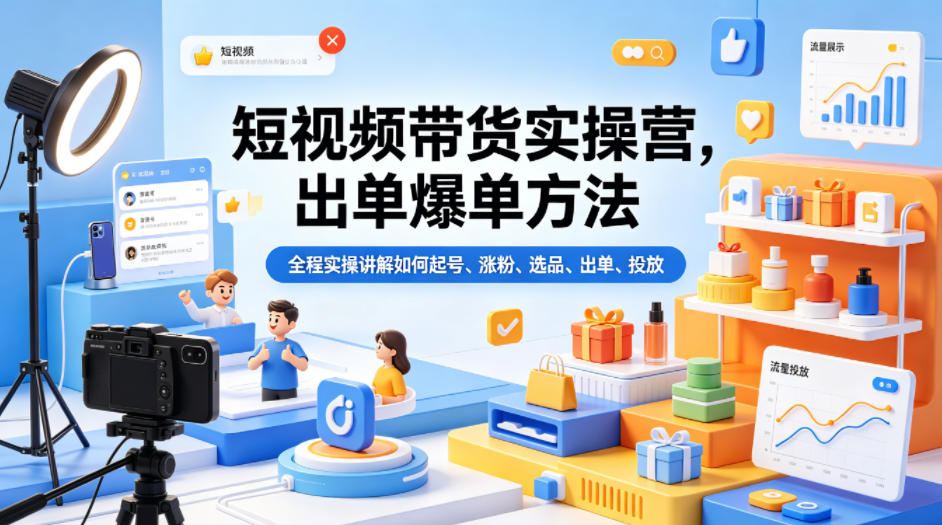 短视频带货实操营，出单爆单方法，全程实操讲解如何起号、涨粉、选品、出单、投放(更新0515)-选优云网创