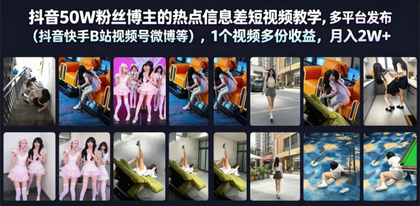 抖音50W粉丝博主的热点信息差教学，多平台发布(抖音快手B站视频号微博等)，1个视频多份收益，月入2W+-选优云网创