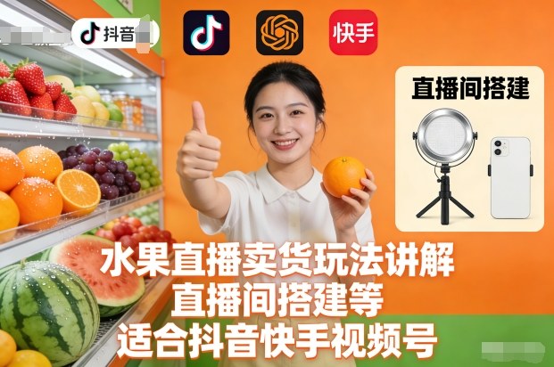 水果直播卖货玩法讲解、直播间搭建等，适合抖音快手视频号-选优云网创