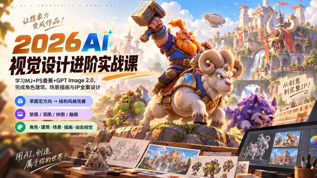 （20424期）2026AI视觉设计进阶实战课-更新：学习MJ+PS香蕉+GPT Image 2.0，完成角色建筑、场景插画与IP全案设计