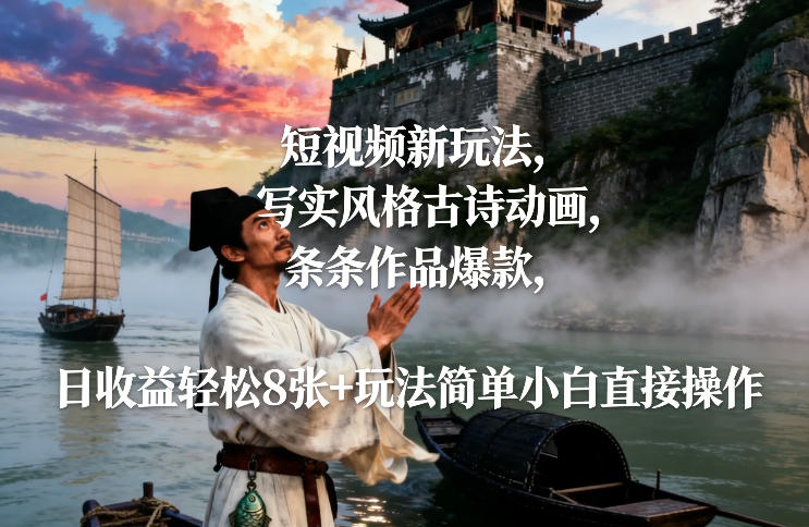 短视频新玩法，写实风格古诗动画，条条作品爆款，日收益轻松8张+玩法简单小白直接操作-选优云网创
