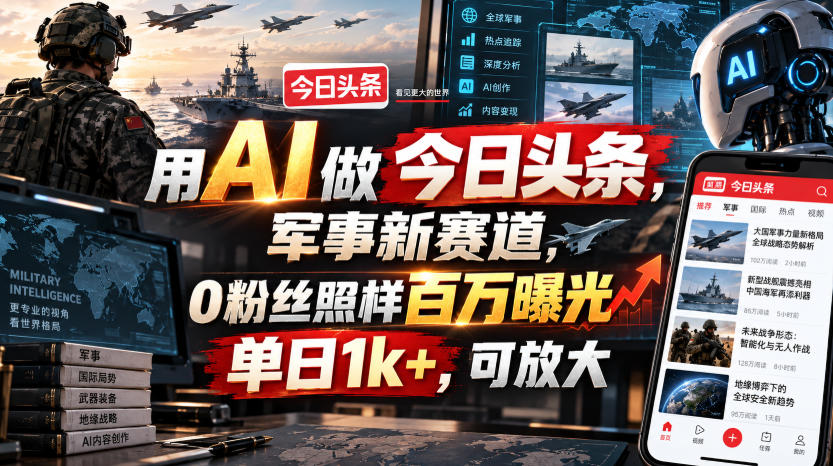 用AI做今日头条，军事新赛道，0粉丝照样百万曝光，单日1k+，可放大-选优云网创