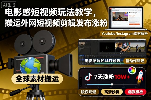 电影感短视频玩法教学，搬运外网短视频剪辑发布涨粉-选优云网创