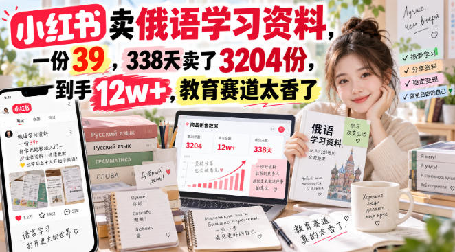 小红书卖俄语学习资料，一份39，338天卖了3204份，到手12w+，教育赛道太香了-选优云网创