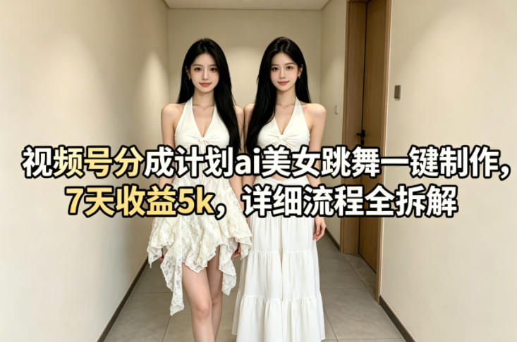 视频号分成计划ai美女跳舞一键制作，7天收益5k，详细流程全拆解-选优云网创