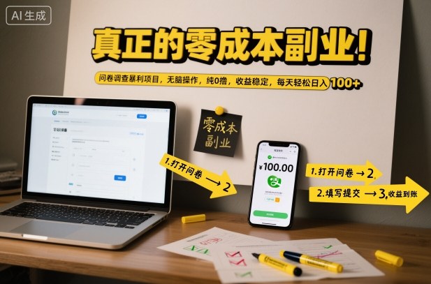 真正的零成本副业！问卷调查暴利项目，无脑操作，纯0撸，收益稳定，每天轻松日入100+【揭秘】-选优云网创