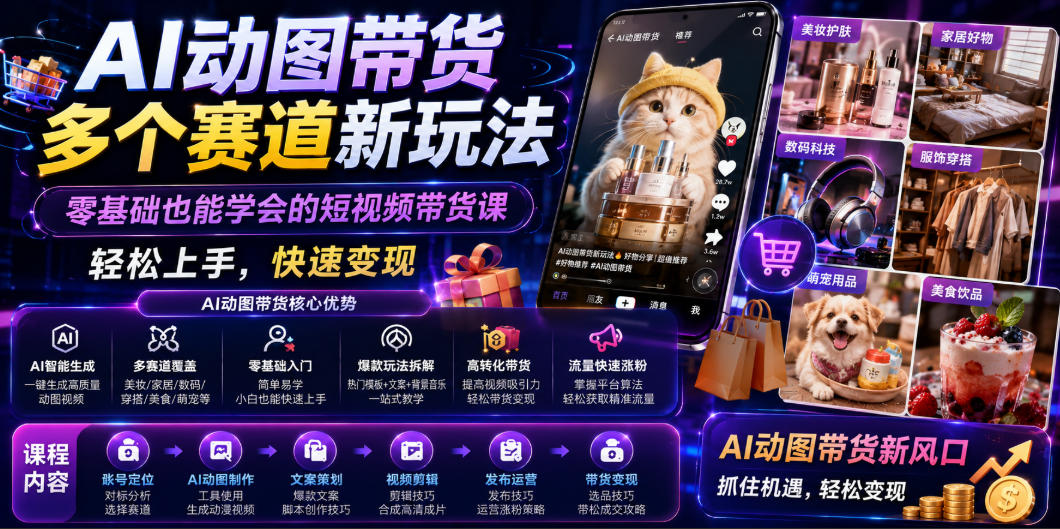 AI动图带货多个赛道新玩法，零基础也能学会的短视频带货课，轻松上手，快速变现-选优云网创