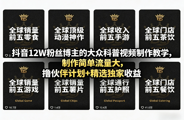 抖音12W粉丝博主的大众科普视频制作教学，制作简单流量大，撸伙伴计划+精选独家收益-选优云网创