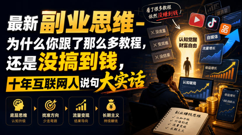 最新副业思维-为什么你跟了那么多教程，还是没搞到钱，十年互联网人说句大实话【揭秘】-选优云网创