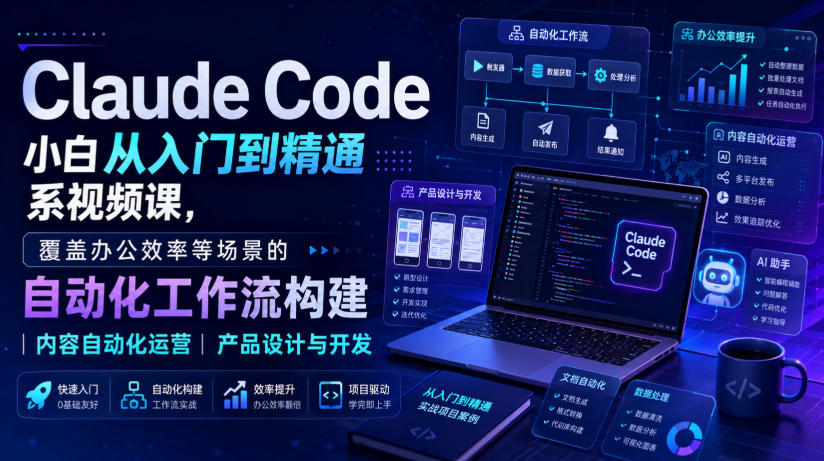 Claude Code小白从入门到精通系视频课，覆盖办公效率等场景的自动化工作流构建|内容自动化运营|产品设计与开发-选优云网创