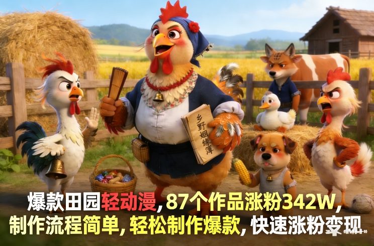 爆款田园轻动漫，87个作品涨粉342W，制作流程简单，轻松制作爆款，快速涨粉变现-选优云网创
