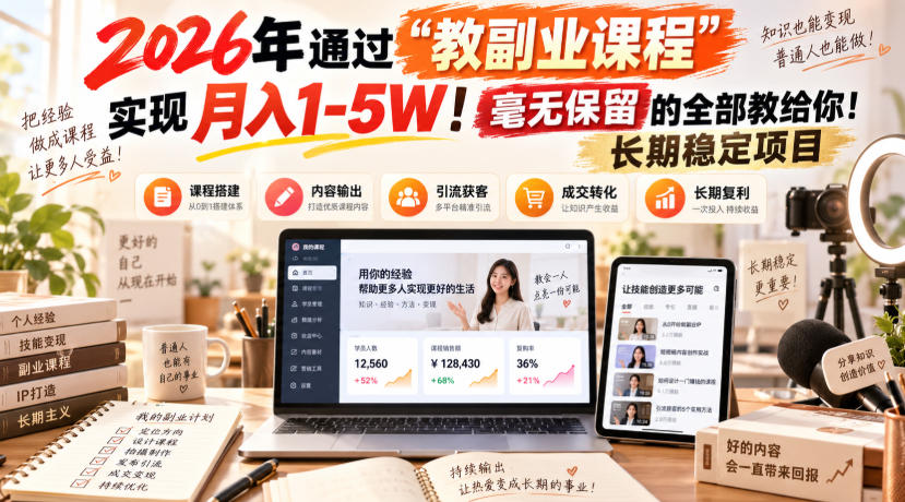 2026年通过“教副业课程”实现月入1-5W！毫无保留的全部教给你！长期稳定项目【揭秘】-选优云网创