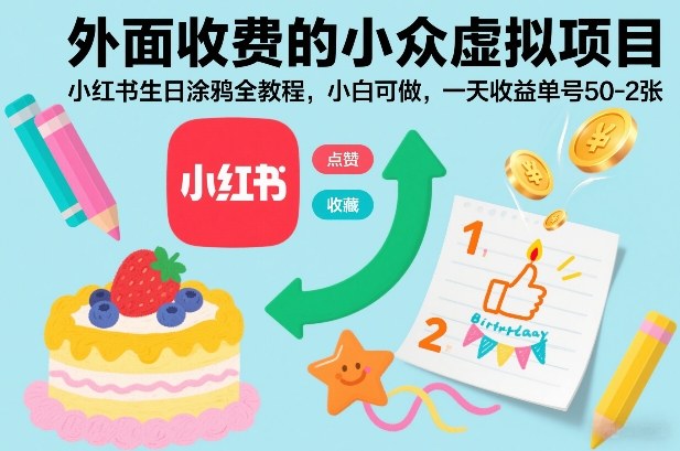 外面收费的小众虚拟项目，小红书生日涂鸦全教程，小白可做，一天收益单号50-2张-选优云网创