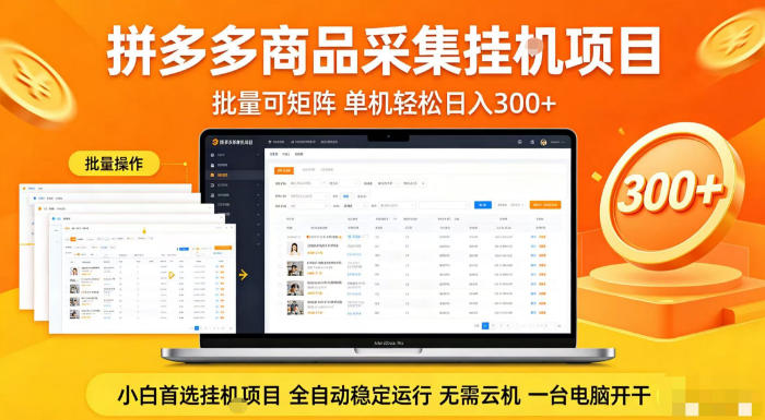 拼多多商品信息全自动采集项目，批量可矩阵，单机轻松日入300+，无需云机一台电脑开干【揭秘】-选优云网创