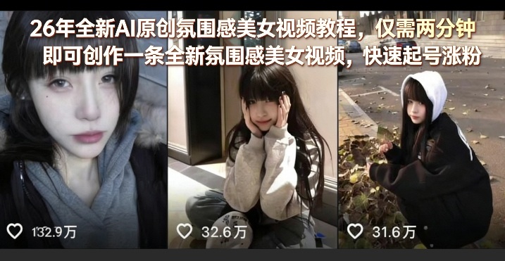 26年全新AI原创氛围感美女视频教程，仅需两分钟即可创作一条全新氛围感美女视频，快速起号涨粉-选优云网创