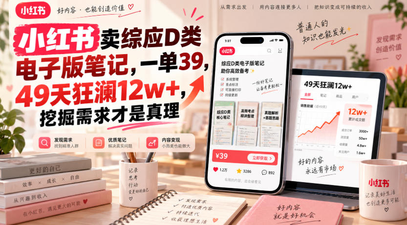 小红书卖综应D类电子版笔记，一单39，49天狂澜12w+，挖掘需求才是真理-选优云网创