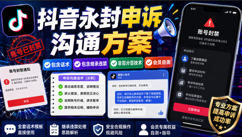 抖音永封申诉沟通方案，包含话术，包含继承违禁，非百分百技术，会员自测-选优云网创