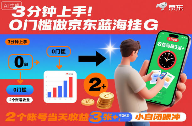 3分钟上手！0门槛做京东蓝海全自动掘金，2个账号当天收益3张+，小白闭眼冲【揭秘】-选优云网创