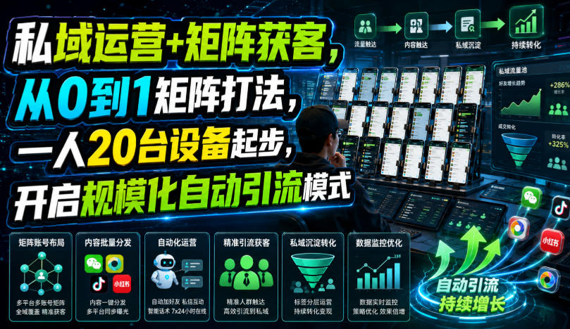 私域运营+矩阵获客，从0到1矩阵打法，一人20台设备起步，开启规模化自动引流模式！-选优云网创