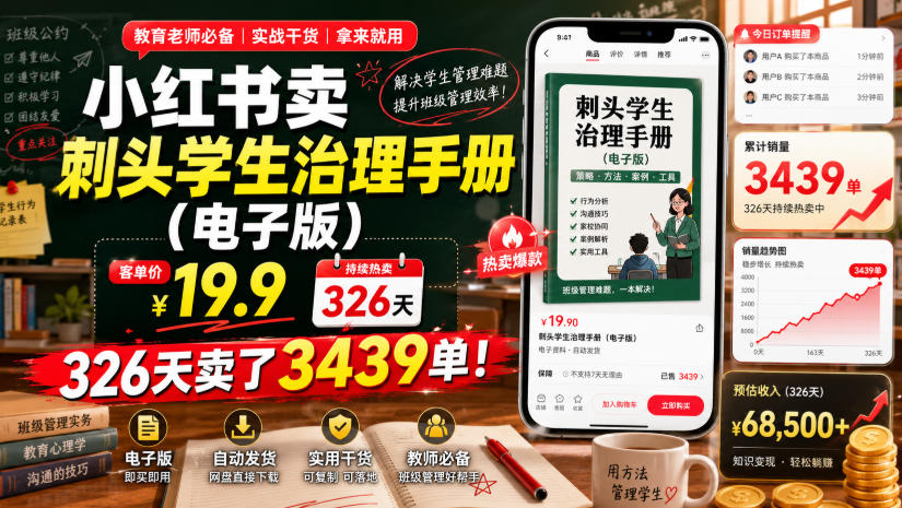 小红书卖刺头学生治理手册(电子版)，客单价19.9，326天卖了3439单！-选优云网创