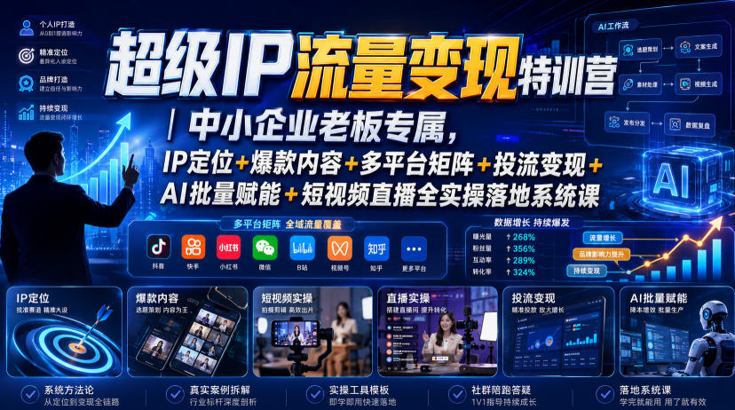 超级IP流量变现特训营｜中小企业老板专属，IP定位+爆款内容+多平台矩阵+投流变现+AI批量赋能+短视频直播全实操落地系统课-选优云网创