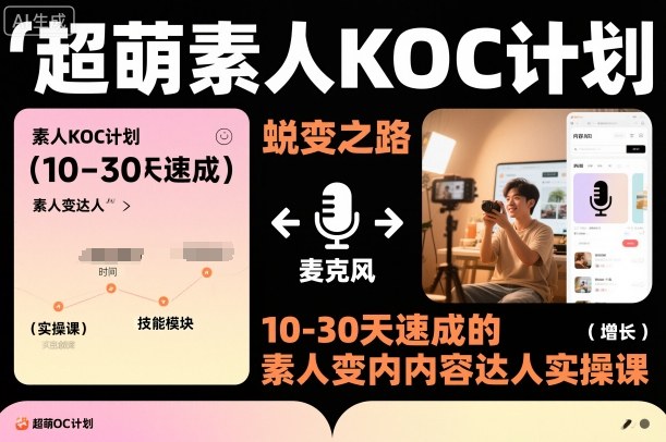 超萌素人KOC计划，10-30天速成的素人变内容达人实操课，适合想做短剧小说推文电商推广的素人入局-选优云网创
