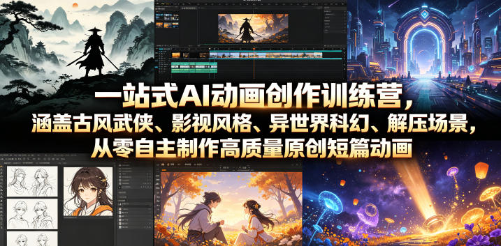 一站式AI动画创作训练营，涵盖古风武侠、影视风格、异世界科幻、解压场景，从零自主制作高质量原创短篇动画-选优云网创