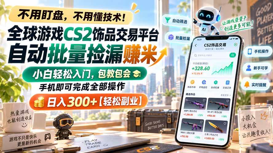 （20454期）全球游戏CS2饰品交易平台自动批量捡漏赚米，小白轻松入门，包教包会，手机即可完成全部操作，日入300+【轻松副业】-选优云网创