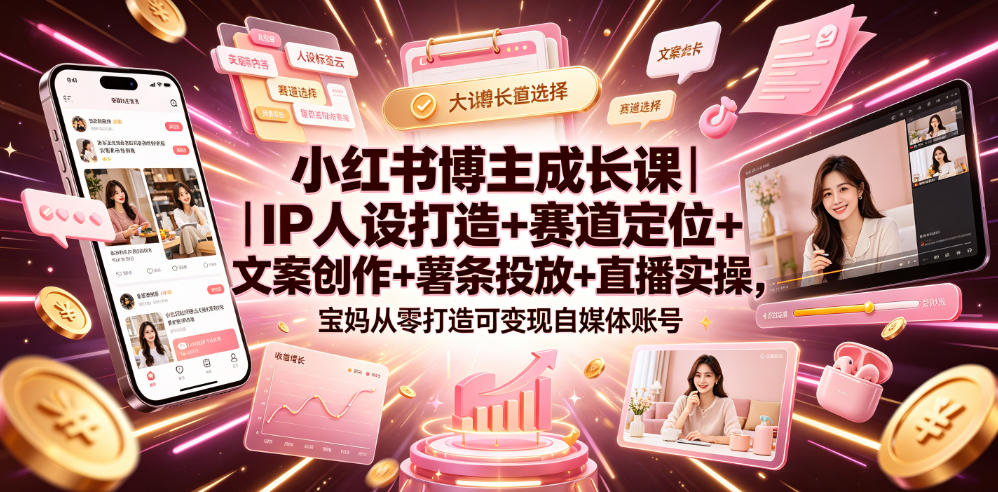 小红书博主成长课｜IP人设打造+赛道定位+文案创作+薯条投放+直播实操，宝妈从零打造可变现自媒体账号-选优云网创