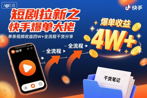 短剧拉新之快手爆单大佬单条视频收益四W+全流程干货分享-选优云网创