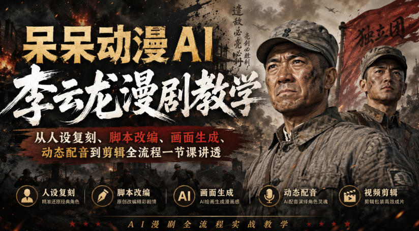 呆呆动漫AI李云龙漫剧教学，从人设复刻、脚本改编、画面生成、动态配音到剪辑全流程一节课讲透-选优云网创