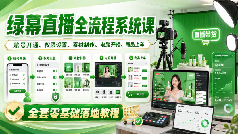 绿幕直播全流程系统课，账号开通、权限设置、素材制作、电脑开播、商品上车全套零基础落地教程-选优云网创