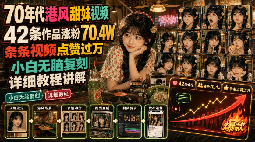 70年代港风甜妹视频，42条作品涨粉70.4W，条条视频点赞过万，小白无脑复刻，详细教程讲解-选优云网创