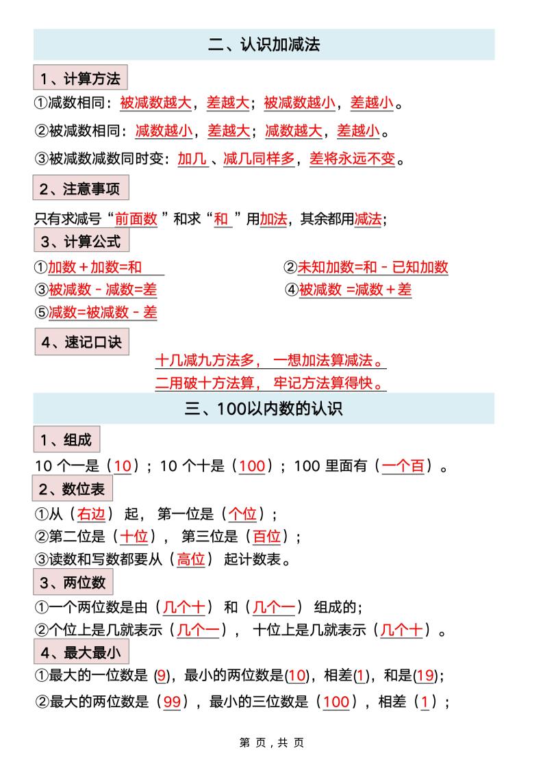 一年级下册数学重点知识必背汇总