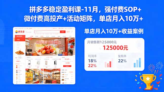 拼多多稳定盈利课-11月，强付费SOP+微付费高投产+活动矩阵，单店月入10w+-选优云网创