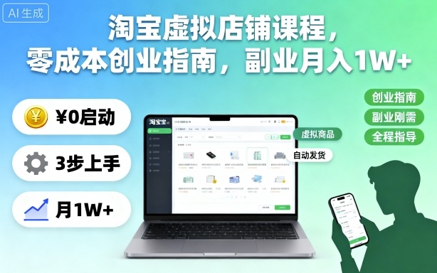 淘宝虚拟店铺课程，零成本创业指南，副业月入1W+-选优云网创