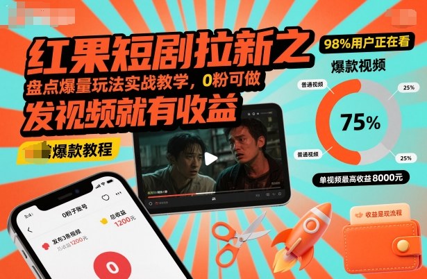 红果短剧拉新之盘点爆量玩法实战教学，0粉可做，发视频就有收益-选优云网创
