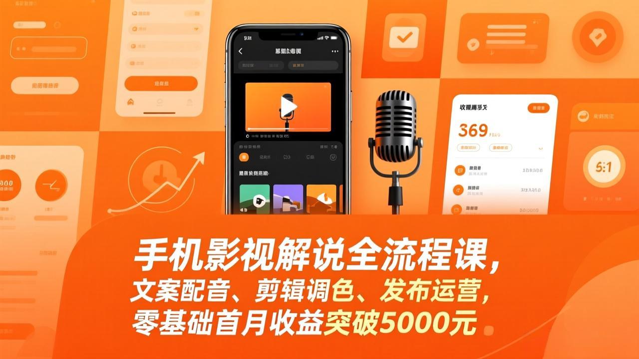 手机影视解说全流程课，文案配音、剪辑调色、发布运营，零基础首月收益突破5000元-选优云网创