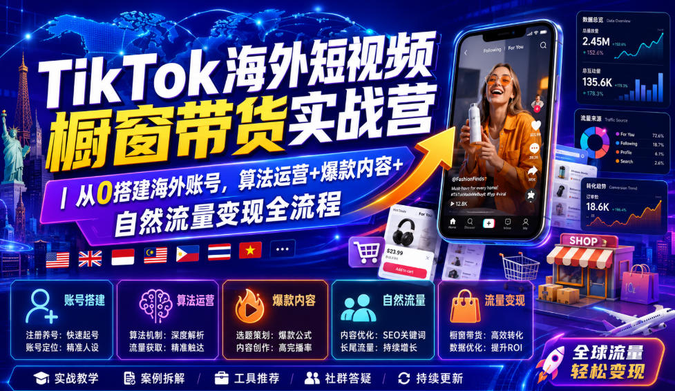 TikTok海外短视频橱窗带货实战营｜从0搭建海外账号，算法运营+爆款内容+自然流量变现全流程-选优云网创