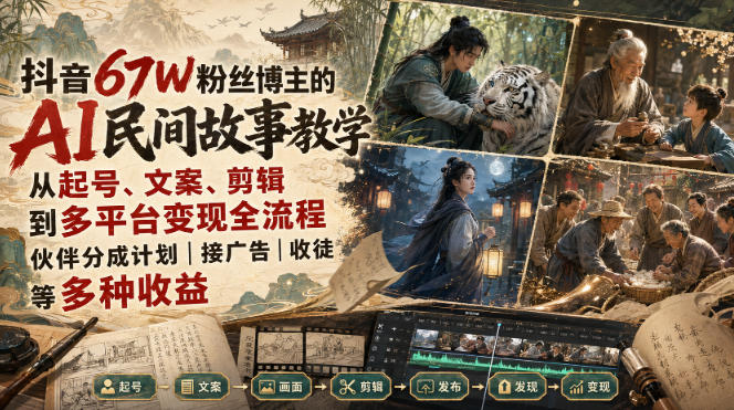 抖音67W粉丝博主的AI民间故事教学，从起号、文案、剪辑到多平台变现全流程，伙伴分成计划接广告等多种收益，月入1W+-选优云网创