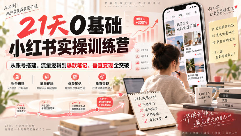 21天0基础小红书实操训练营｜从账号搭建、流量逻辑到爆款笔记、垂直变现全突破-选优云网创