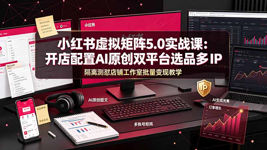小红书虚拟矩阵5.0实战课：开店配置｜AI原创｜双平台选品｜多IP隔离｜测怼店铺工作室批量变现实操教学-选优云网创