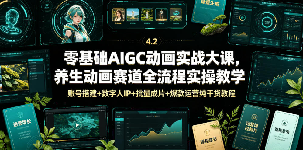 零基础AIGC动画实战大课，养生动画赛道全流程实操教学，账号搭建+数字人IP+批量成片+爆款运营纯干货教程-选优云网创