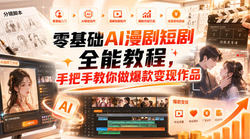 零基础AI漫剧短剧全能教程，从AI智能体搭建、文案脚本分镜、多平台AI生视频、剪映精修，覆盖全题材创作，手把手教你做爆款变现作品-选优云网创