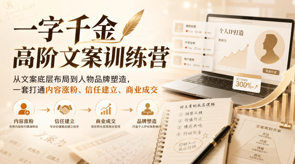 一字千金高阶文案训练营，从文案底层布局到人物品牌塑造，一套打通内容涨粉、信任建立、商业成交-选优云网创