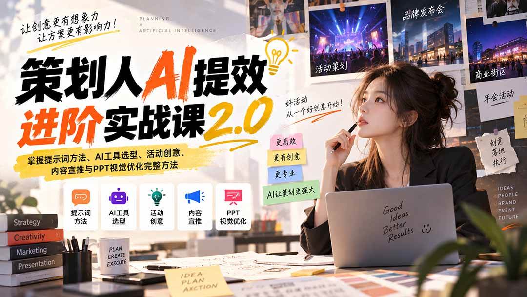 （20427期）策划人AI提效进阶实战课2.0：掌握提示词方法、AI工具选型、活动创意、内容宣推与PPT视觉优化完整方法-选优云网创